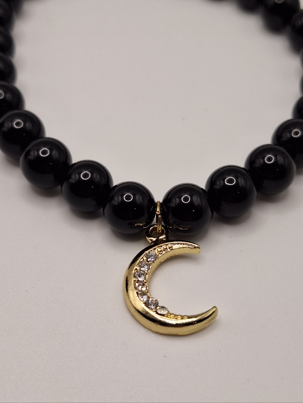 Madison Tyler Black Beaded Bracelet Crescent Moon Gold Charm Celestial Stretch